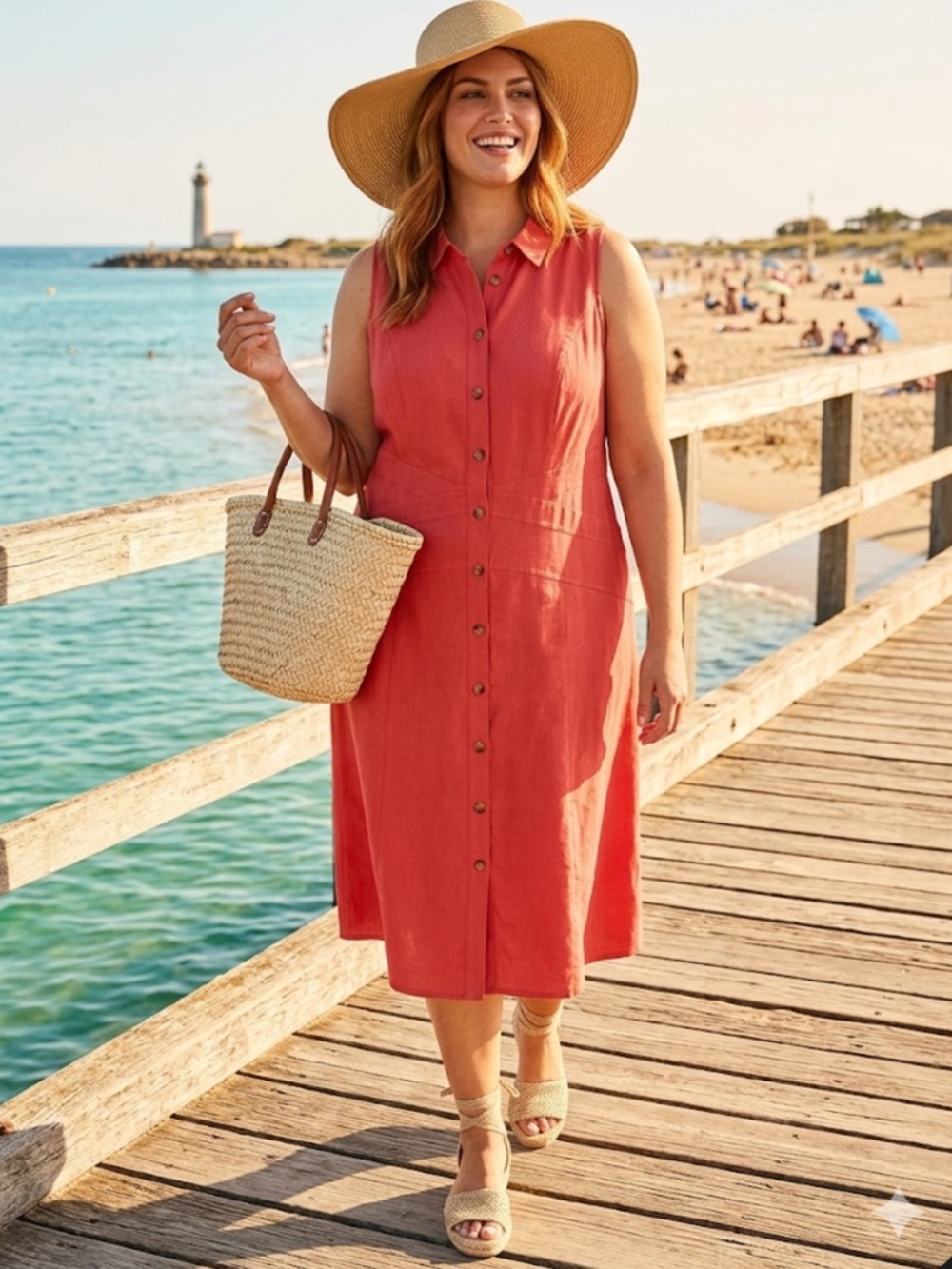 Maggy London Woman Coral Red Linen Blend Sleeveless Button Down Midi Dress 20W